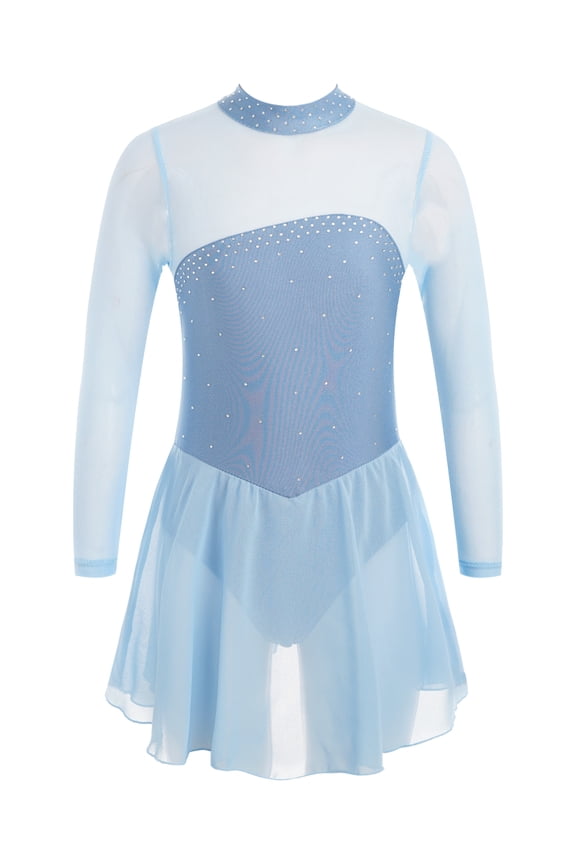 Kids Girls Figure Ice Skating Dress Long Sleeve Rhinestone Sheer Mesh Ballerina Dancewear Sky Blue 6