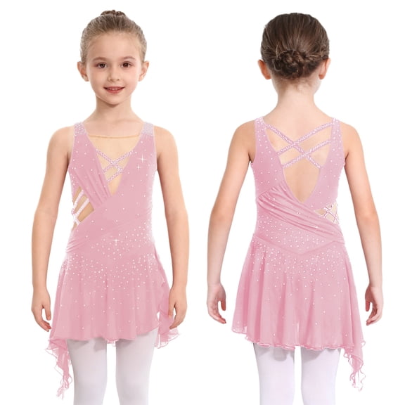vastwit Kids Girls Figure Ice Skating Dress Lyrical Dance Leotard Gymnastics Performance Contemporary Dancewear Pink 6