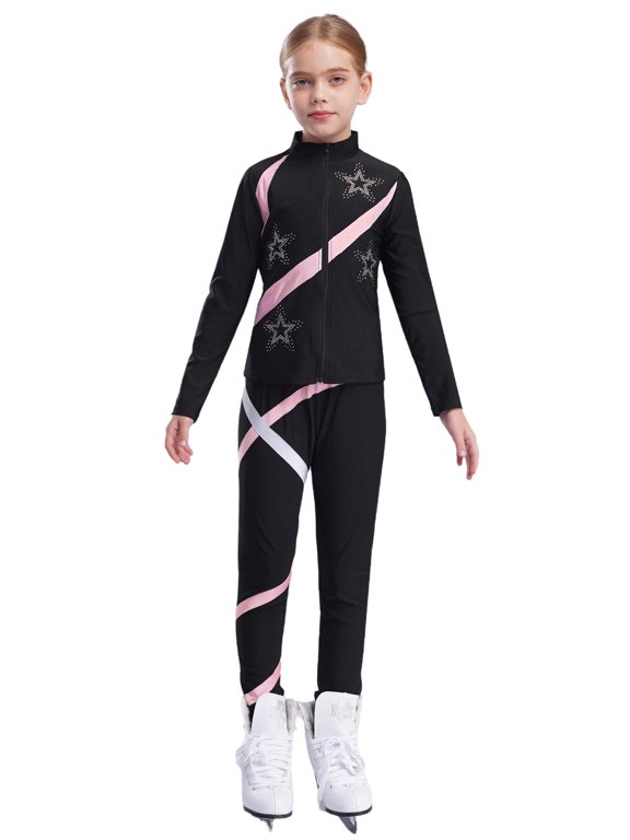 Kids Girls Figure Ice Skating Gym Training Tracksuit Zipper Jacket Outerwear with Practice Leggings Pants Set Pink 6