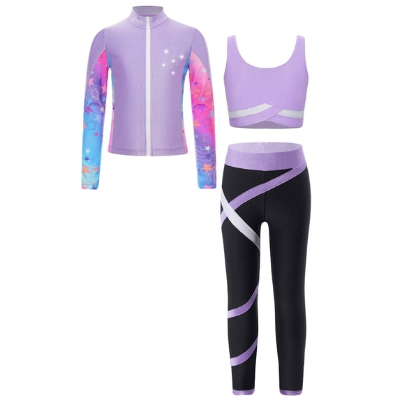 vastwit Kids Girls Figure Ice Skating Outfits Long Sleeve Sweatshirt Jacket Crop Top with Practice Light Purple 10
