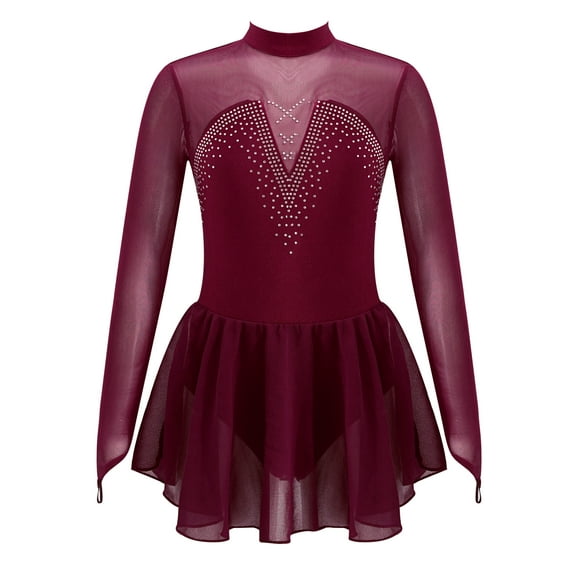 vastwit Kids Girls Figure Skating Dress Chiffon Mesh Splice Ballet Dance Gymnastics Leotard Dress Burgundy 14