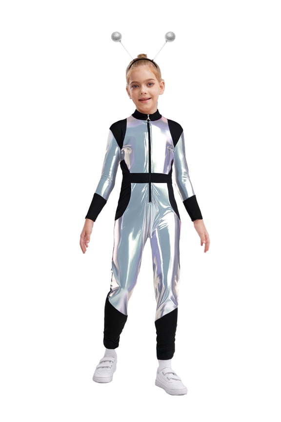 Kids Girls Futuristic Suit Space Alien Jumpsuit with Headband 2Pcs Outerspace Robot Themed Party Outfit Silver 8