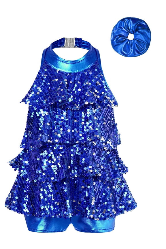 Kids Girls Gymnastic Leotard Shiny Sequins Salsa Rumba Dance Performance Costume Ballet Jazz Royal Blue 6