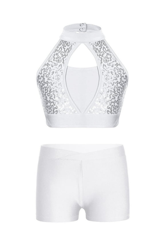 Kids Girls Gymnastics Ballet Cheerleading Dance Costume Hollow Front Sequin Crop Top+Shorts White 8