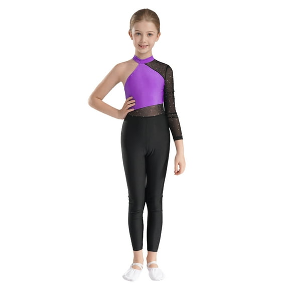 vastwit Kids Girls Gymnastics Ballet Dance Jumpsuit Shiny Rhinestone One Shoulder Ice Skating Bodysuit Purple 8