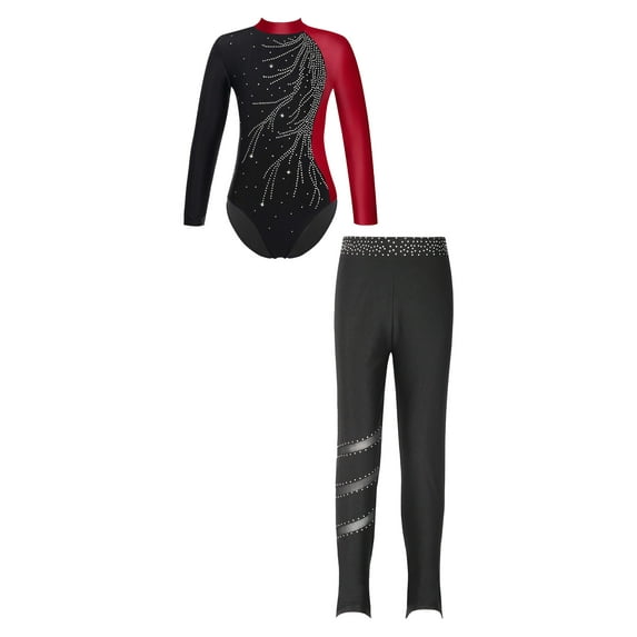 vastwit Kids Girls Gymnastics Ballet Dance Leotard Long Sleeve Dancewear Bodysuit Skating Jumpsuit Burgundy Black-A 12