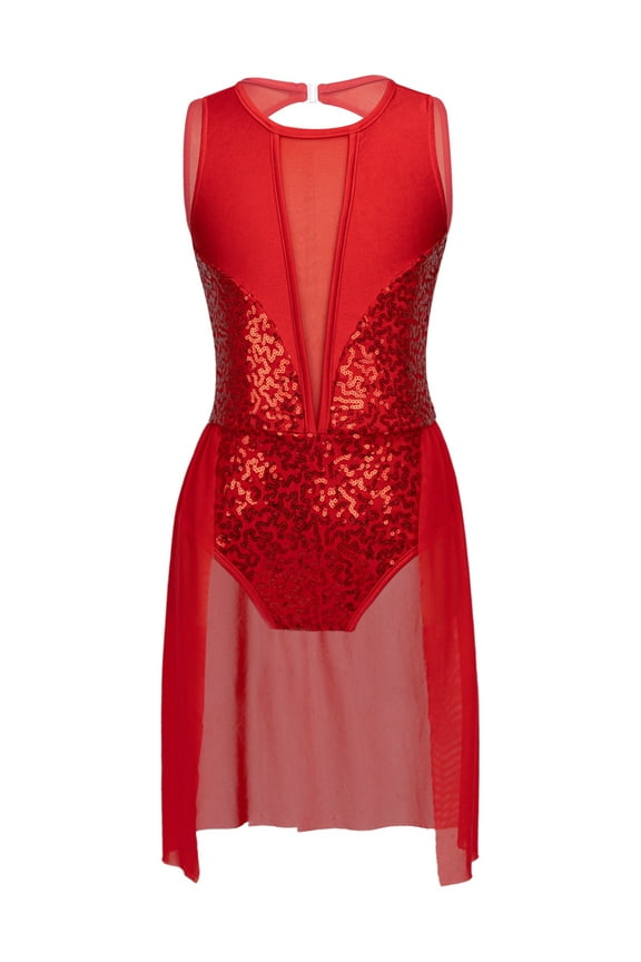 Kids Girls Gymnastics Ballet Leotard Tutu Dress Sequins Mesh Patchwork Lyrical Dance Costume Red 14