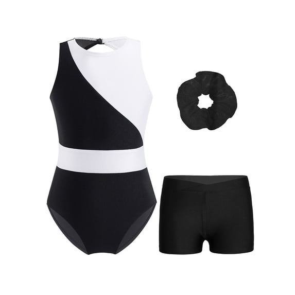 vastwit Kids Girls Gymnastics Dance Leotard Sleeveless Color Block Tight Jumpsuits+Shorts+Headwear White&Black 14