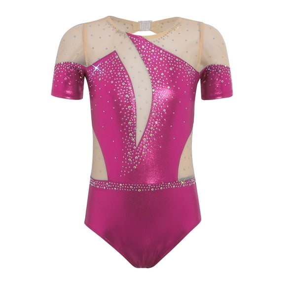 vastwit Kids Girls Gymnastics Leotard Ballet Dance Bodysuit Short Sleeve Acrobatics Performance Tumbling Outfit Hot Pink 6