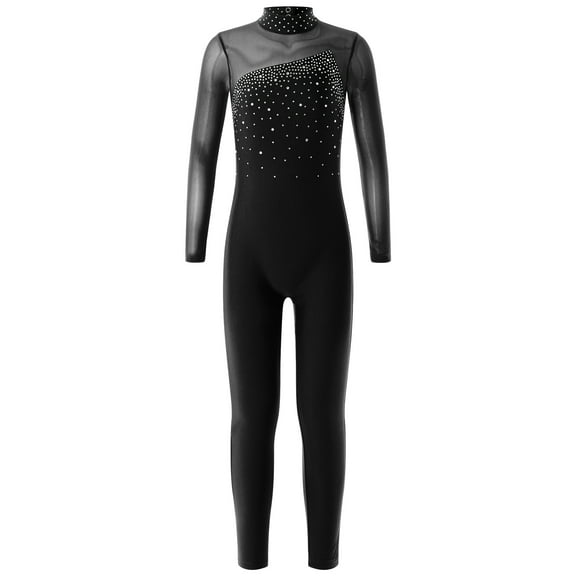 vastwit Kids Girls Gymnastics Yoga Dance Jumpsuit Sportswear Long Sleeve Rhinestone Skating Dance Bodysuit Black 8