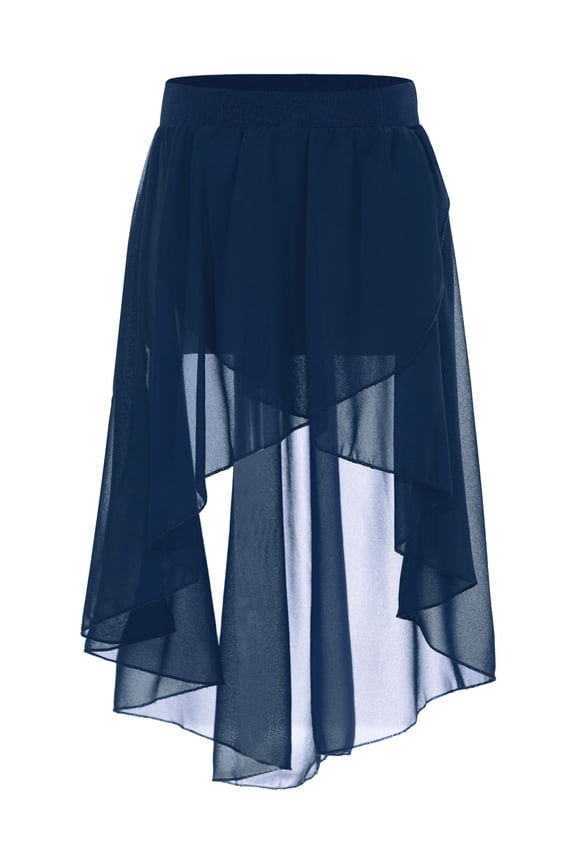 Kids Girls High Low Chiffon Dance Skirt Lyrical Ballet Latin Jazz Skirts Practice Dancewear Navy Blue 16