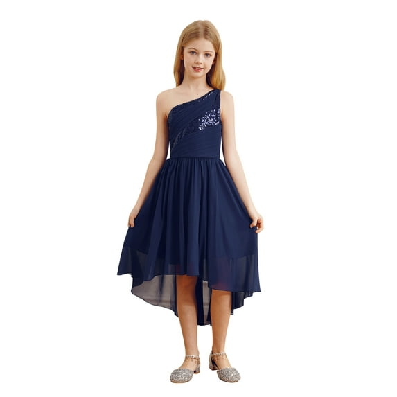 vastwit Kids Girls High Low Dresses One Shoulder Sequins Chiffon Wedding Party Formal Flower Dress Navy Blue 10
