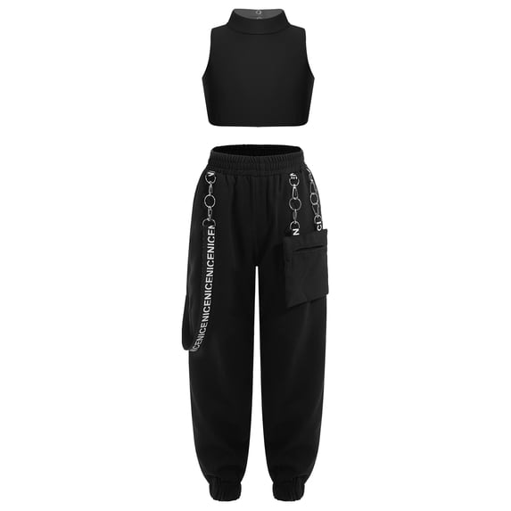vastwit Kids Girls Hip Hop Dance Outfit Crop Tank Top with Chain Pocket Pants Jogger Athletic Sports Black 10