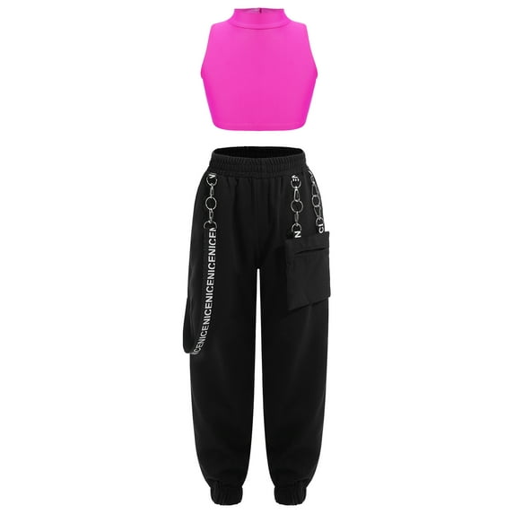 vastwit Kids Girls Hip Hop Dance Outfit Crop Tank Top with Chain Pocket Pants Jogger Athletic Sports Hot Pink 6