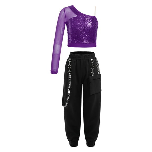 vastwit Kids Girls Hip Hop Jazz Dance Costumes Sequins Sheer Mesh Long Sleeve Crop Top Pants Set Purple 16