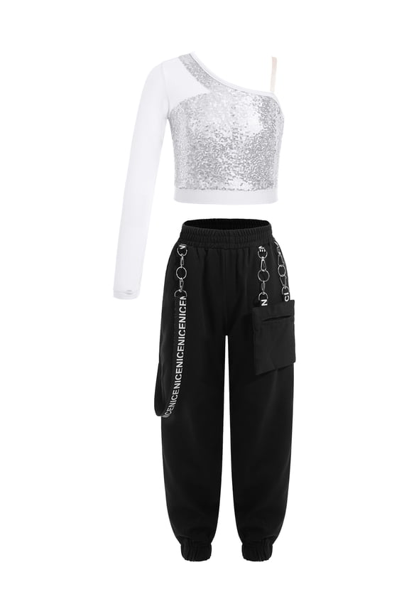 Kids Girls Hip Hop Jazz Dance Costumes Sequins Sheer Mesh Long Sleeve Crop Top+Pants Set Silver 10