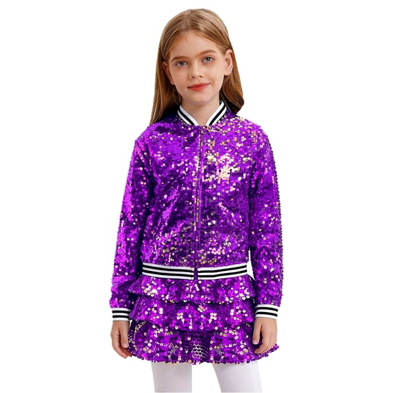 vastwit Kids Girls Hip Hop Jazz Latin Dance Outfit Sequin Sparkle Jacket with Tiered Mini Skirt Set Dancewear Purple 10