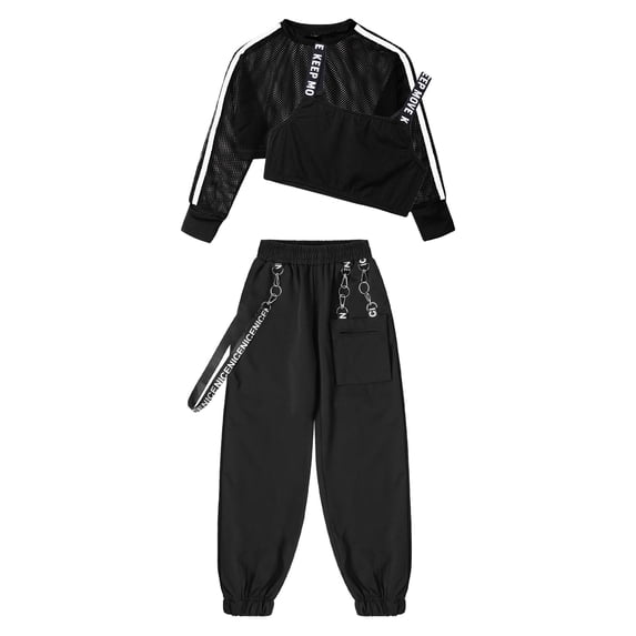 vastwit Kids Girls Hip-Hop Street Dance Costume Sport Outfit Long Sleeve Mesh Crop Top Vest Pants Black 8