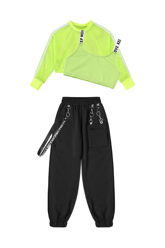 Kids Girls Hip-Hop Street Dance Costume Sport Outfit Long Sleeve Mesh Crop Top Vest Pants Fluorescent Green 6