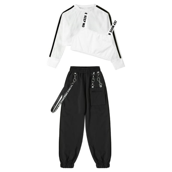 vastwit Kids Girls Hip-Hop Street Dance Costume Sport Outfit Long Sleeve Mesh Crop Top Vest Pants Ivory 6