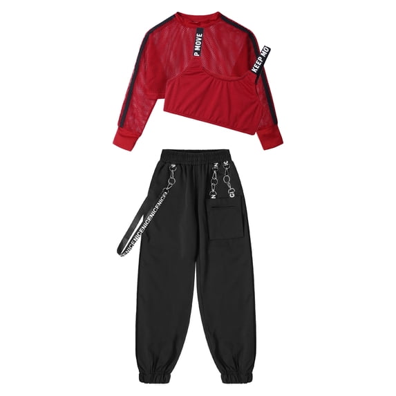 vastwit Kids Girls Hip-Hop Street Dance Costume Sport Outfit Long Sleeve Mesh Crop Top Vest Pants Red 12