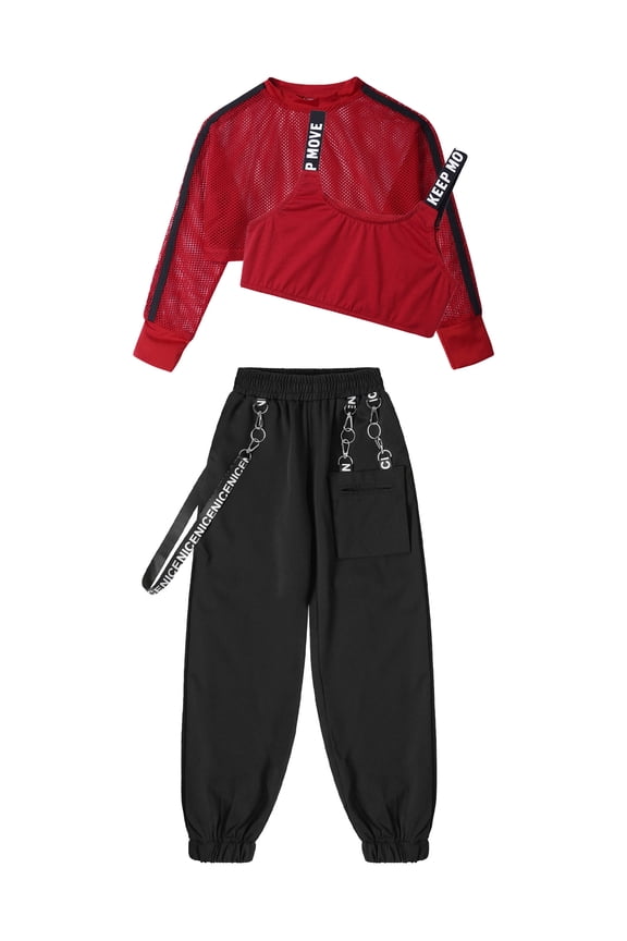 Kids Girls Hip-Hop Street Dance Costume Sport Outfit Long Sleeve Mesh Crop Top Vest Pants Red 8