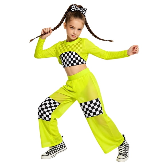 vastwit Kids Girls Hip Hop Street Dance Outfit Jazz Performance Crop Top Vest Checkered Mesh Jogger Pants Set Fluorescent Green 8