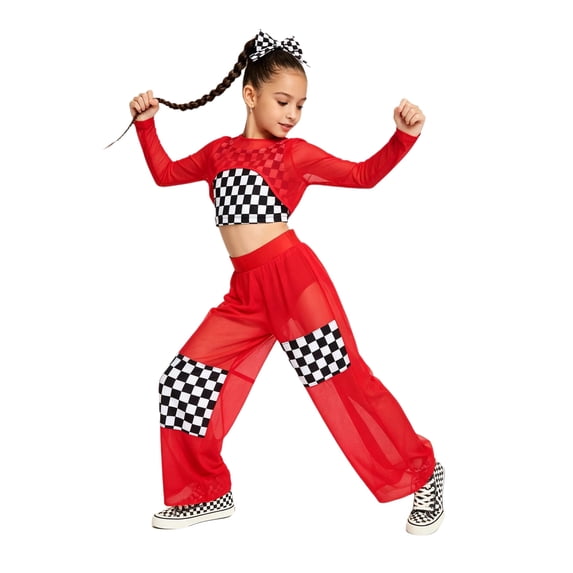 vastwit Kids Girls Hip Hop Street Dance Outfit Jazz Performance Crop Top Vest Checkered Mesh Jogger Pants Set Red 14