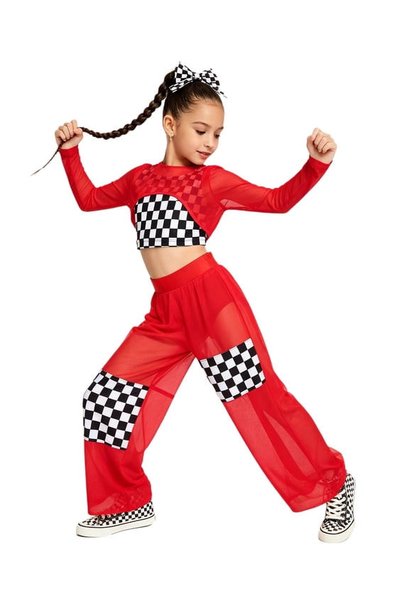 Kids Girls Hip Hop Street Dance Outfit Jazz Performance Crop Top Vest Checkered Mesh Jogger Pants Set Red 6