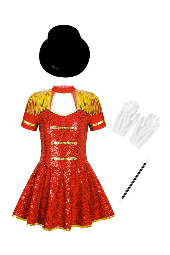 Kids Girls Honor Guard Uniform 4-Piece Marching Band Outfits Sequins Tassel Leotard Tutu Red 16