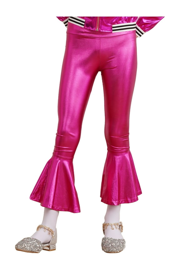 Kids Girls Jazz Dance Leggings Pants Bronzing Cloth Sports Bell-bottom Long Flare Pants Hot Pink 10