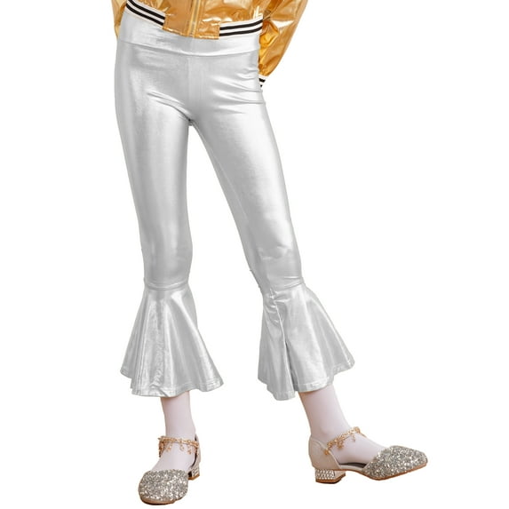 vastwit Kids Girls Jazz Dance Leggings Pants Bronzing Cloth Sports Bell-bottom Long Flare Pants Silver 8