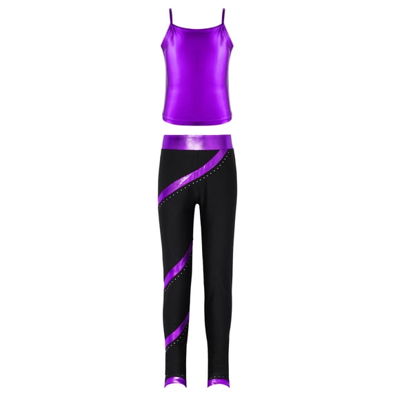 vastwit Kids Girls Jazz Modern Dance Clothes Set Sleeveless Metallic Tank Top with Leggings 2 Piece Purple 14