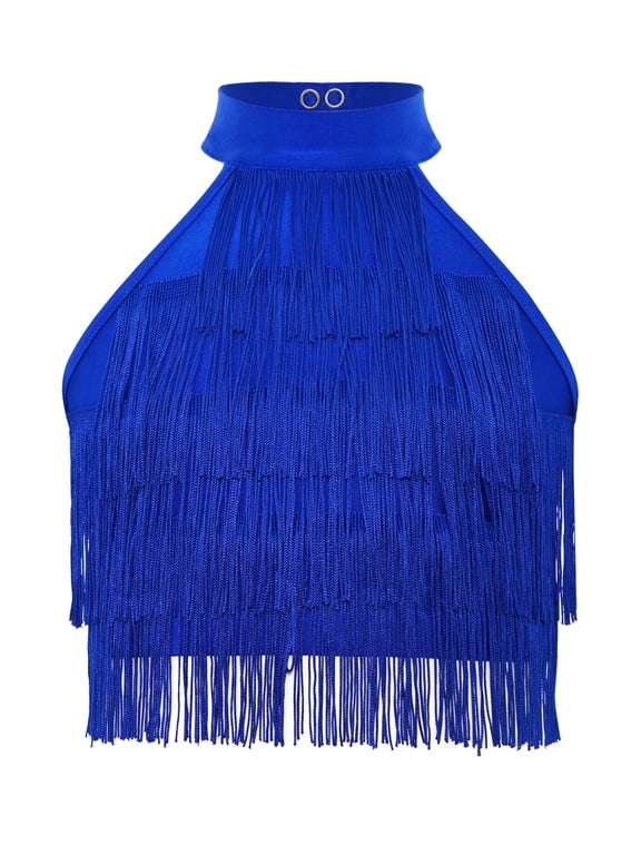 Kids Girls Latin Dance Tassel Shirt Sleeveless Layered Fringe Crop Top Samba Tango Ballroom Dancewear Royal Blue 14