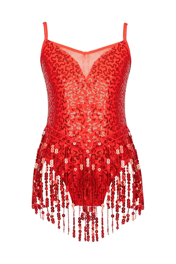 Kids Girls Latin Jazz Dance Dress Shiny Sequins Tassel Mesh Ballroom Tango Dance Leotards Red 10
