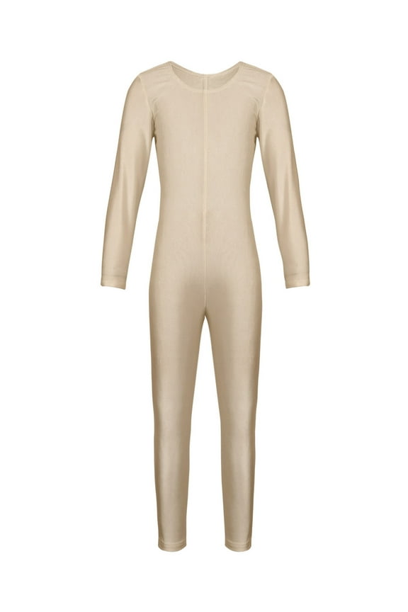 Kids Girls Long Sleeves Ballet Dance Leotard Bodysuit Full Body Gymnastic Athletic Unitard Dancewear Nude 11-12