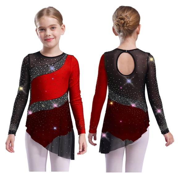 vastwit Kids Girls Lyrical Ballet Dance Dress Gymnastics Leotard Irregular Color Block Latin Jazz Dancewear Red 4