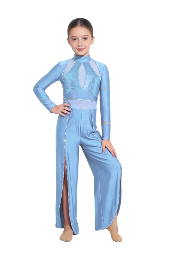 Kids Girls Lyrical Dance Jumpsuit Modern Contemporary Dancewear Unitards Sequin Slit Wide Leg Pants Dusty Blue 6