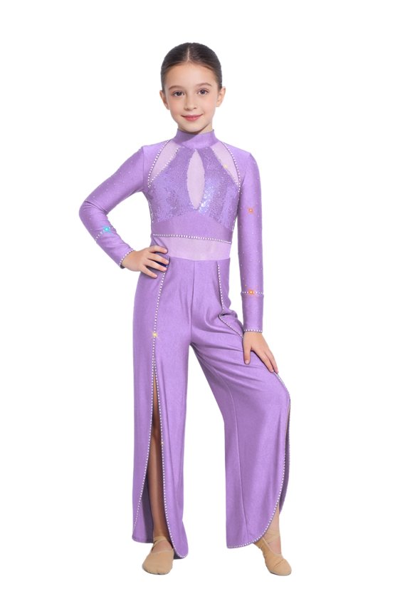 Kids Girls Lyrical Dance Jumpsuit Modern Contemporary Dancewear Unitards Sequin Slit Wide Leg Pants Lavender 6