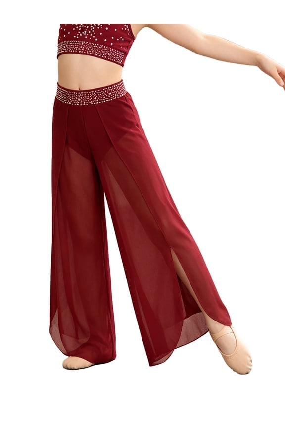 Kids Girls Mesh Flowy Lyrical Dance Pants for Yoga Practice Dancer Modern Contemporary Performance Burgundy 6