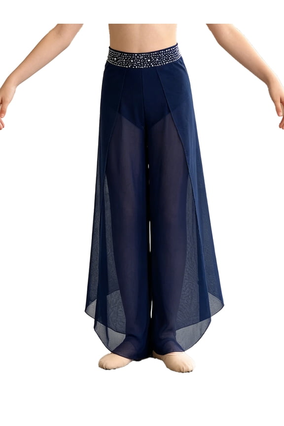 Kids Girls Mesh Flowy Lyrical Dance Pants for Yoga Practice Dancer Modern Contemporary Performance Navy Blue 6
