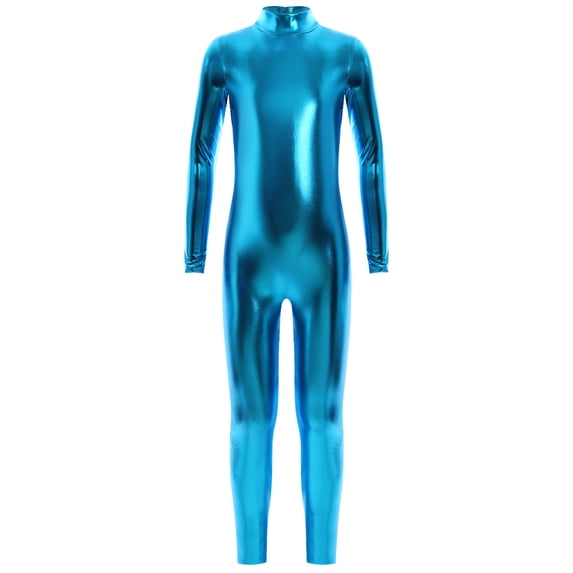 vastwit Kids Girls Metallic Bodysuit Full Length Jumpsuit Long Sleeve Shiny Unitard Gymnastics Leotard Dancewear Blue XS/115