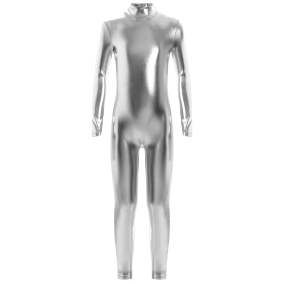 vastwit Kids Girls Metallic Bodysuit Full Length Jumpsuit Long Sleeve Shiny Unitard Gymnastics Leotard Dancewear Silver S/120