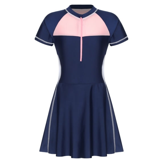vastwit Kids Girls One Piece Swimsuit Short Sleeve Swim Dress Summer Pool Beach Swimwear Sundress Dark Blue 3-4