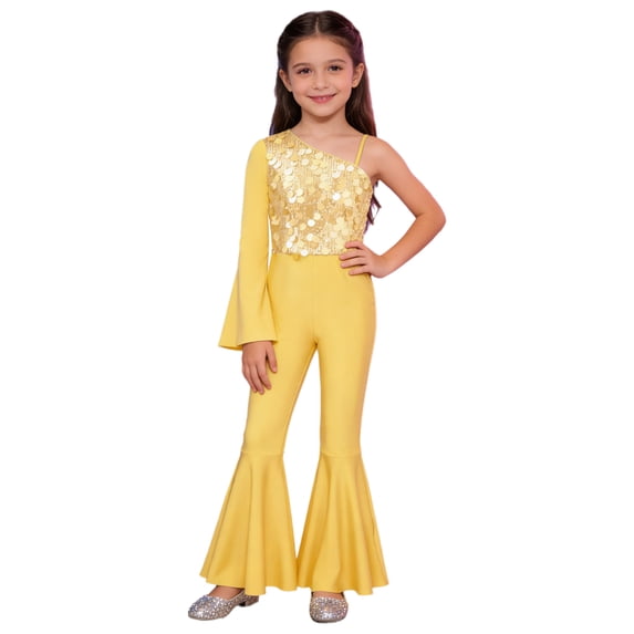 vastwit Kids Girls One Shoulder Flared Jumpsuit with Sequins Fancy Romper Disco Dance Party Outfit Gold 14