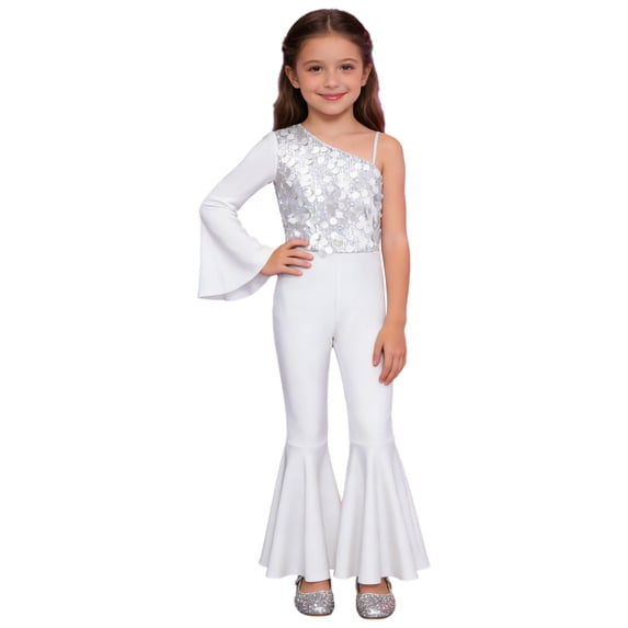vastwit Kids Girls One Shoulder Flared Jumpsuit with Sequins Fancy Romper Disco Dance Party Outfit Silver 10