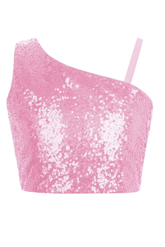Kids Girls One Shoulder Sparkly Sequins Crop Top Jazz Hip Hop Cheer Ballet Dance Tank Top Pink 10
