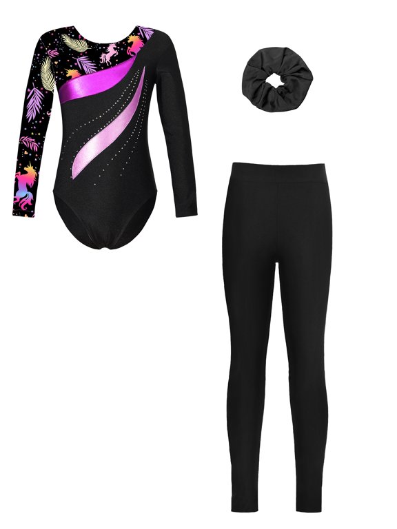 Kids Girls Printed Long Sleeve Gymnastics Dance Leotard Biketard Jumpsuit with Legging Pant Hair Scrunchies Set Black 8