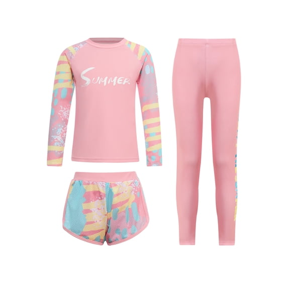 vastwit Kids Girls Rash Guard Set Long Sleeve Swim Top with Bottoms Pants Set Beach Sports Swimwear Pink 9-10