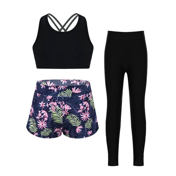 vastwit Kids Girls Rash Guard Swimsuit Tropical Tankini Set with Long Pants Pool Party Swimwear Black Floral 12